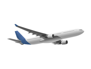 Airplane with blue tail flying over white background