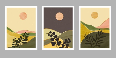 set of creative minimalist hand painted illustrations of Mid century modern. Natural abstract landscape background. leaf, flower, mountain, forest, sea, sky, wave