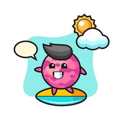 Illustration of ice cream scoop cartoon do surfing on the beach
