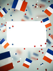 The national holiday of July 14 is a happy Independence Day of France, Bastille Day, the concept of patriotism, memory,  confetti and flags, mockup, copy space