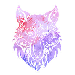 Fototapeta premium Watercolor silhouette of wolf head front view on whte background. Stylized redator front view portrait. Vector sketch for tattoo, icon, logo and printing on stuff