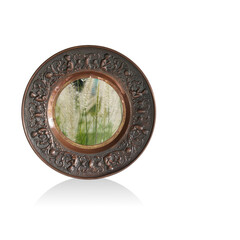 The picture of the grass flower in the frame is made of copper, object, retro, vintage, copy space