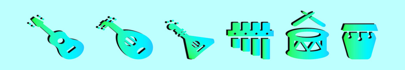 set of music instrument cartoon icon design template with various models. vector illustration isolated on blue background