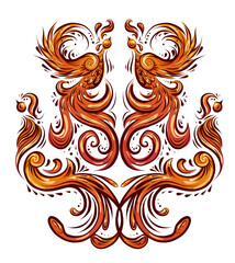 Colorful bird pattern with curled tails and wings. Symmetrical decoration in orange color. Vintage curled animal ornament. Phoenixes and peacocks. Vector cartoon symbol for card