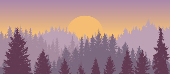 Fototapeta na wymiar Sunrise and silhouette forest hills, beautiful landscape. Vector illustration