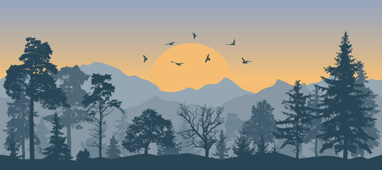 Beautiful forest on background of mountains and sunset and flying birds, silhouettes. Vector illustration