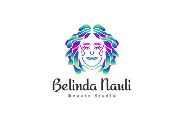 Beautiful Woman Logo with Elegant Hairstyle in Colorful Gradient and Linear Concept For Fashion, Salon, Cosmetic or Beauty Logos