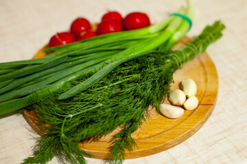Large horizontal photo. Natural food, proper nutrition, ECO. Fresh bright vegetables on a wooden board. Salad ingredients. Helny fresh dill and onion with pink radishes in the background
