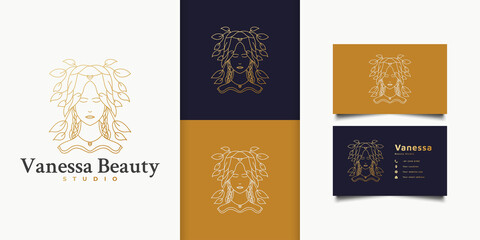 Beautiful Woman Logo with Leaves on Hair in Gold Gradient and Linear Concept for Fashion, Salon, Cosmetics or Beauty Studio Logo
