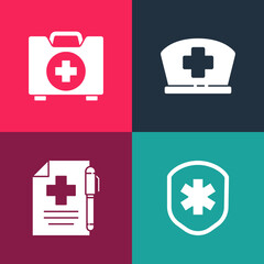 Set pop art Medical shield with cross, prescription and pen, Nurse hat and First aid kit icon. Vector