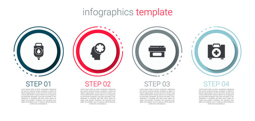 Set IV bag, Male head with hospital, Ointment cream tube medicine and First aid kit. Business infographic template. Vector