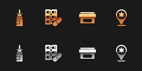 Set Bottle nasal spray, Pills in blister pack, Ointment cream tube medicine and Map pointer with cross hospital icon. Vector