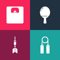 Set pop art Sport expander, Dart arrow, Racket for playing table tennis and Bathroom scales icon. Vector