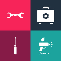 Set pop art Paint spray gun, Screwdriver, Toolbox and Wrench spanner icon. Vector