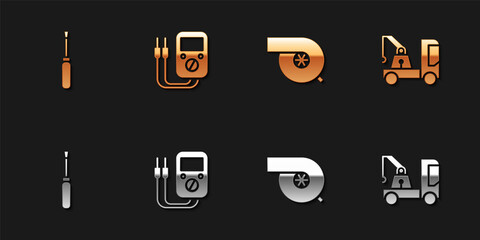 Set Screwdriver, Multimeter, Automotive turbocharger and Tow truck icon. Vector