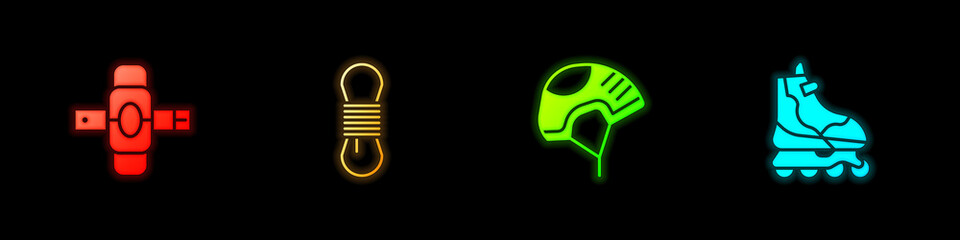 Set Knee pads, Climber rope, Helmet and Roller skate icon. Vector