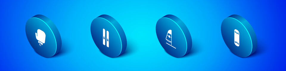 Set Isometric Boxing glove, Windsurfing, Skateboard trick and Ski and sticks icon. Vector