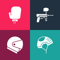 Set pop art Helmet, , Paintball gun and Boxing glove icon. Vector