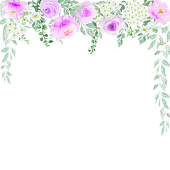 Watercolor of light pink roses with white flowers and green leaves curtain nature vector background