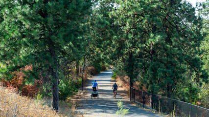 Couple biking on trail through trees