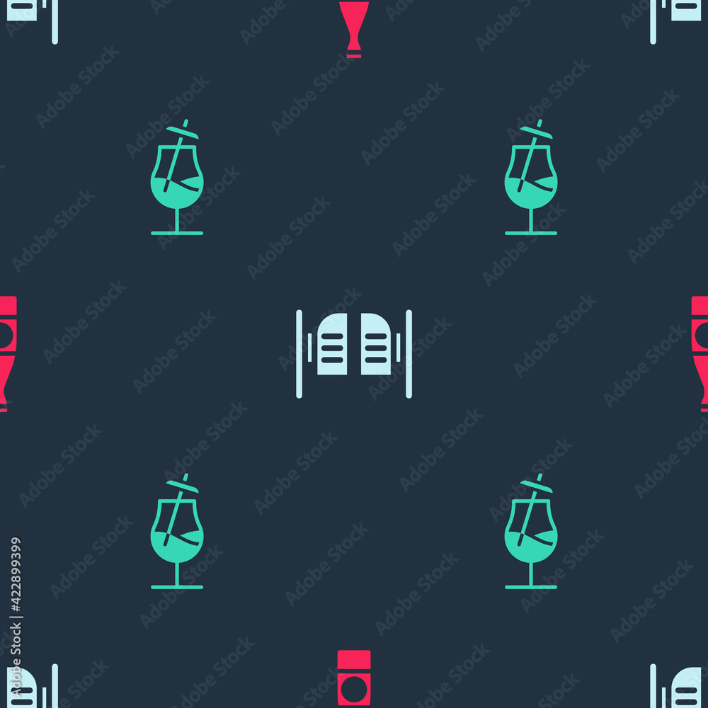 Poster Set Beer bottle, Saloon door and Cocktail on seamless pattern. Vector