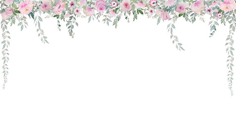 Watercolor light vintage pink roses with green leaves curtain nature background