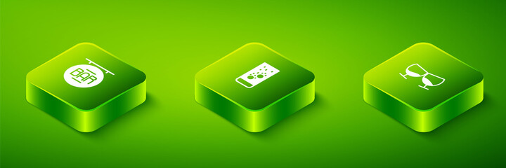 Set Isometric Effervescent tablets in water, Glass of cognac or brandy and Street signboard with Bar icon. Vector