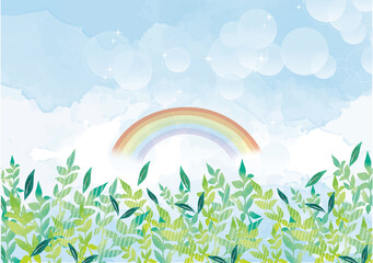 Obraz premium 青空と新緑の水彩風背景素材