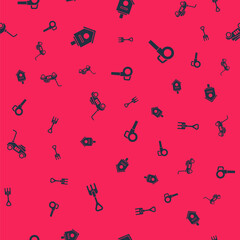 Set Garden rake, Bird house, Lawn mower and Leaf garden blower on seamless pattern. Vector