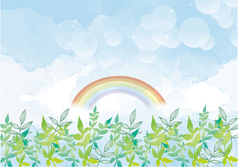 Fototapeta premium 青空と新緑の水彩風背景素材