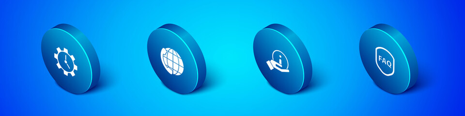 Set Isometric Time Management, Information, Shield with text FAQ and Telephone 24 hours support icon. Vector © Kostiantyn