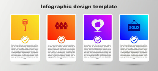 Set House key, Garden fence wooden, with heart shape and Hanging sign text Sold. Business infographic template. Vector