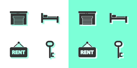 Set House key, Garage, Hanging sign with Rent and Bed icon. Vector