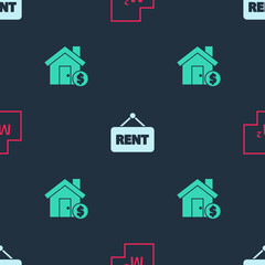 Set House plan, Hanging sign with Rent and dollar symbol on seamless pattern. Vector