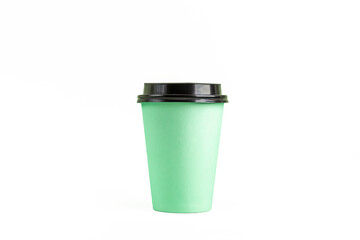 Disposable Eco Paper Cup with coffee isolated on white background. Mockup for advertising. Coffee to go, take away concept. Copy space for text