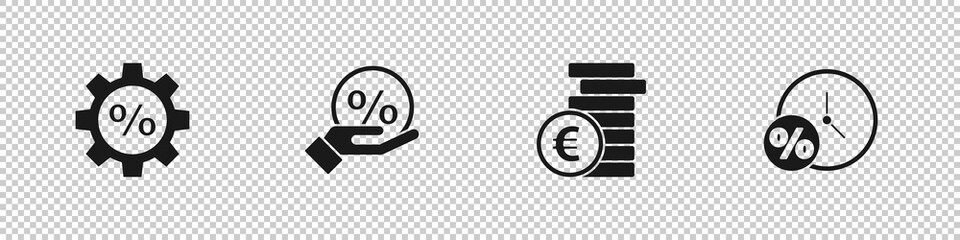 Set Gear with percent, Discount tag, Coin money euro symbol and Clock and icon. Vector