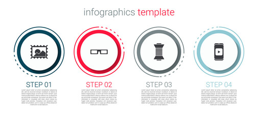 Set Postal stamp, Cinema glasses, Sewing thread on spool and Online play video. Business infographic template. Vector