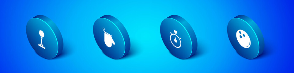 Set Isometric Joystick for arcade machine, Stopwatch, Bowling ball and Oven glove icon. Vector