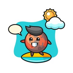 Illustration of mars cartoon do surfing on the beach