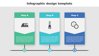 Set Electric iron, Zipper and Sewing button. Business infographic template. Vector