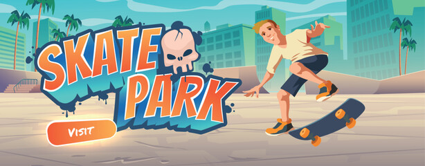 Skate park cartoon landing page with teenager