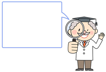虫眼鏡を覗き込む博士と吹き出し