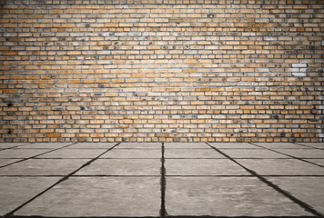 Empty room with bricks wall and tiled floor.