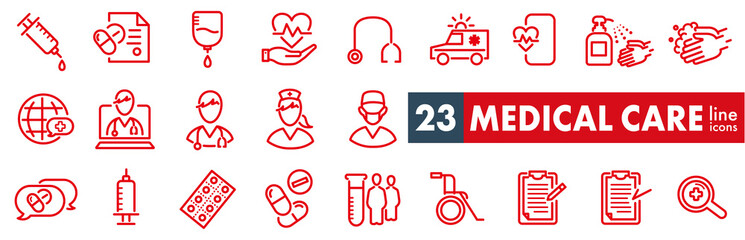 Outline icons about hospital, medical care, drug testing, scientific discovery and disease prevention signs. 