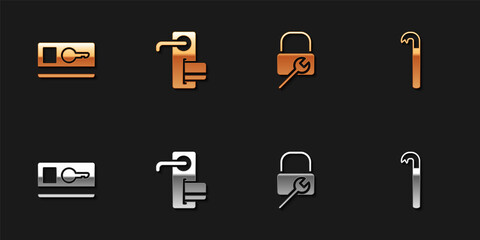Set Key card, Digital door lock, Lock repair and Crowbar icon. Vector