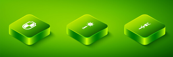 Set Isometric Medieval chained mace ball, Torch flame and Shield icon. Vector