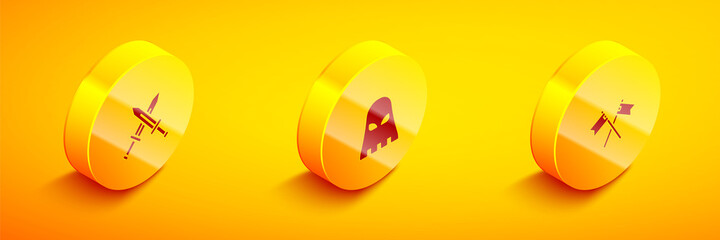 Set Isometric Crossed medieval sword, Executioner mask and flag icon. Vector