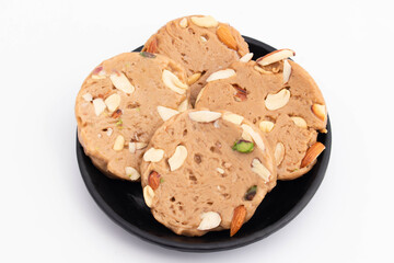 Gheewala Sohan Halwa Patti Mithai Originating From Punjab Multan Karachi Ajmer And Old Delhi India Is Made Of Pure Desi Ghee Doodh Cornflour Maida And Meetha Sugar. White Background With Copy Space