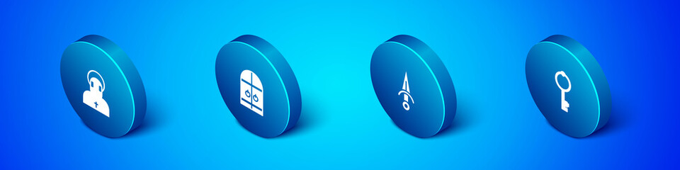 Set Isometric Monk, Dagger, Old key and Medieval castle gate icon. Vector