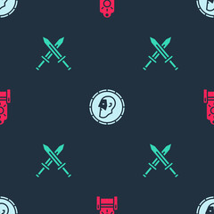 Set Medieval throne, Ancient coin and Crossed medieval sword on seamless pattern. Vector